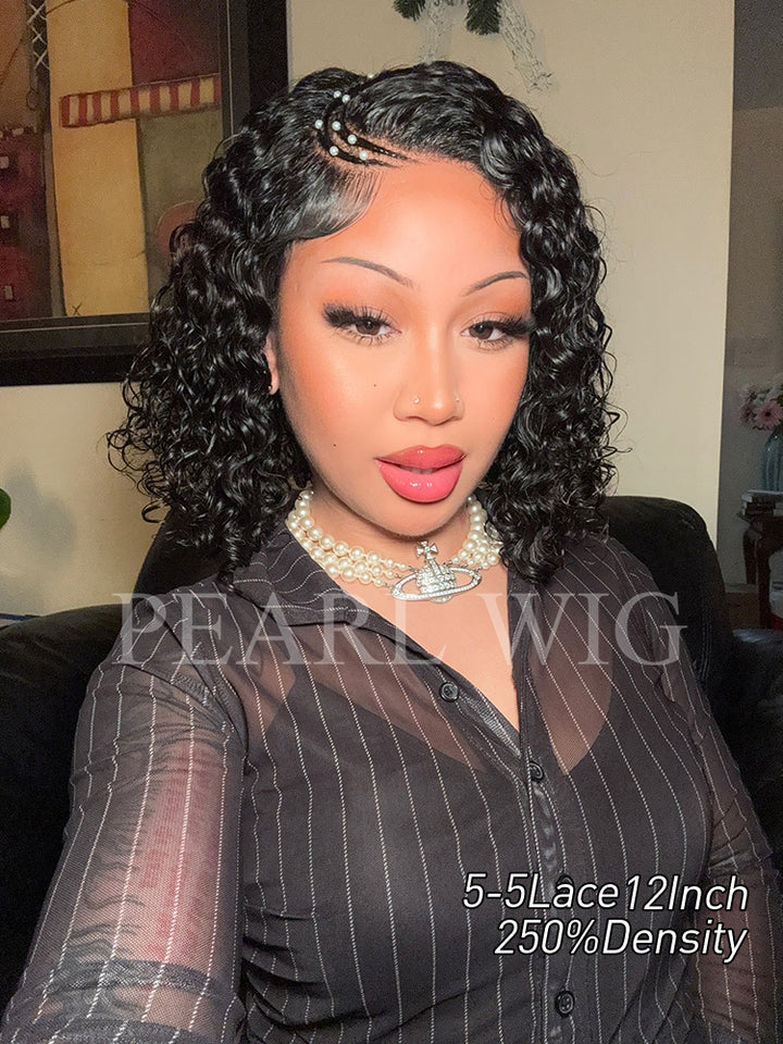 Pre-Braiding Curved Moon Water Wave Human Hair Wig 5x5 HD Transparent Lace Front Wigs