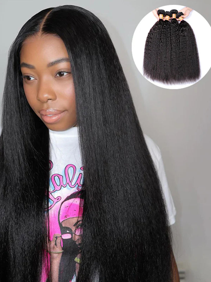 Kinky Straight Human Hair Bundles 100% Unprocessed Human Hair Yaki For Women