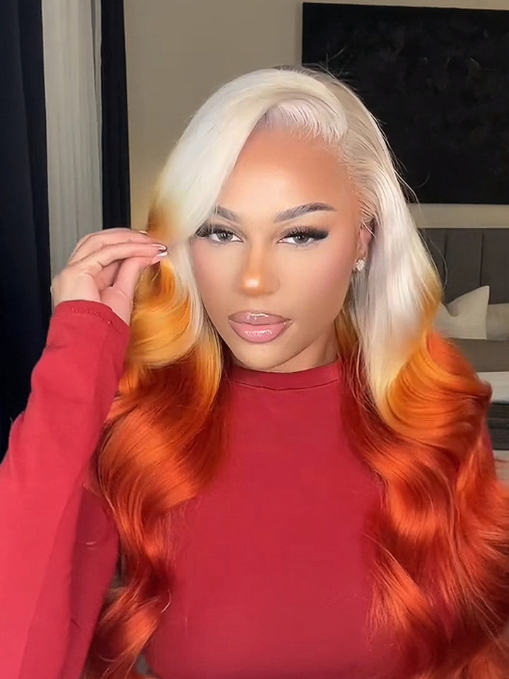 613 Blonde Ombre Highlight Ginger Orange Color Body Wave Human Hair Pre Cut 13x4 Lace Front Human Hair Wigs