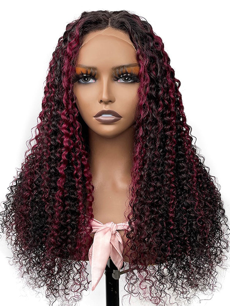 Burgundy Highlighted Kinky Curly Human Hair Wig 13x4 Lace Front Cute Curly Wig