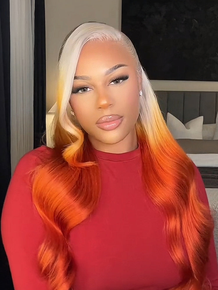 613 Blonde Ombre Highlight Ginger Orange Color Body Wave Human Hair Pre Cut 13x4 Lace Front Human Hair Wigs