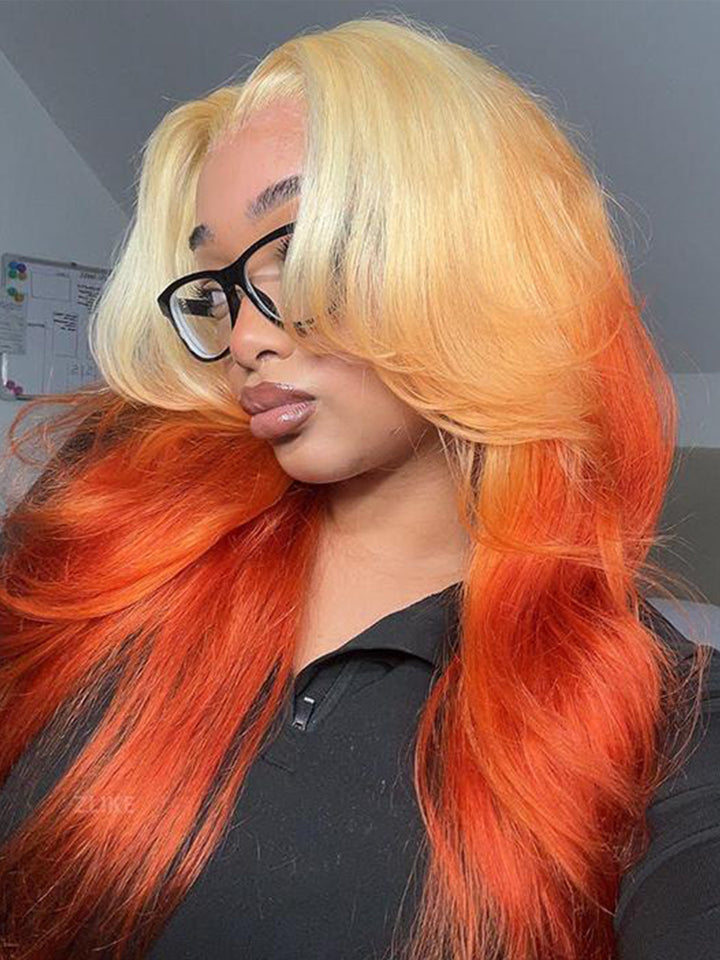 613 Blonde Ombre Highlight Ginger Orange Color Body Wave Human Hair Pre Cut 13x4 Lace Front Human Hair Wigs