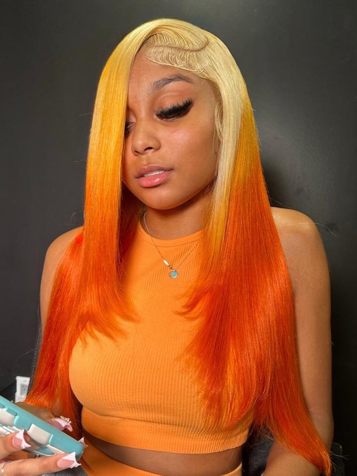 613 Blonde Ombre Highlight Ginger Orange Color Body Wave Human Hair Pre Cut 13x4 Lace Front Human Hair Wigs