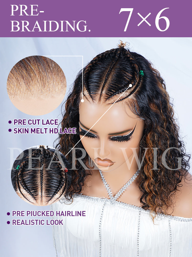 Pre-Braiding Water Wave 7x6  Glueless Human Hair Wigs Piano Brown Color Wig