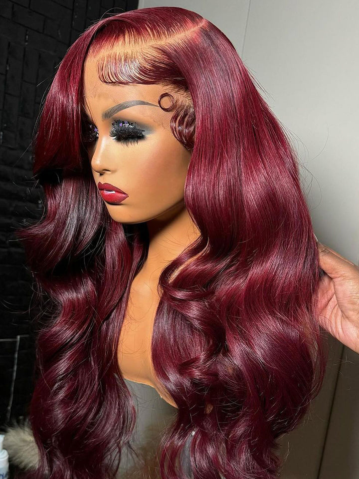 Body Wave Human Hair Wig Pre-Everything Wig Burgundy Color 13x4 HD Lace Transparentce Human Hair Wig