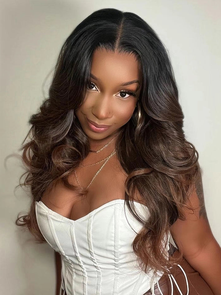 Black With Light Brown Highlights Body Wave Wig 7x6 Glueless Lace Human Hair Wig For Woman