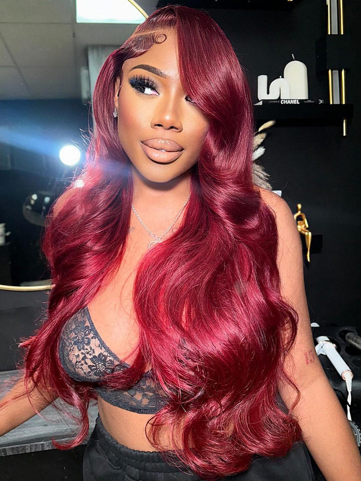 Body Wave Human Hair Wig Pre-Everything Wig Burgundy Color 7x6 Lace HD Transparentce Human Hair Wig