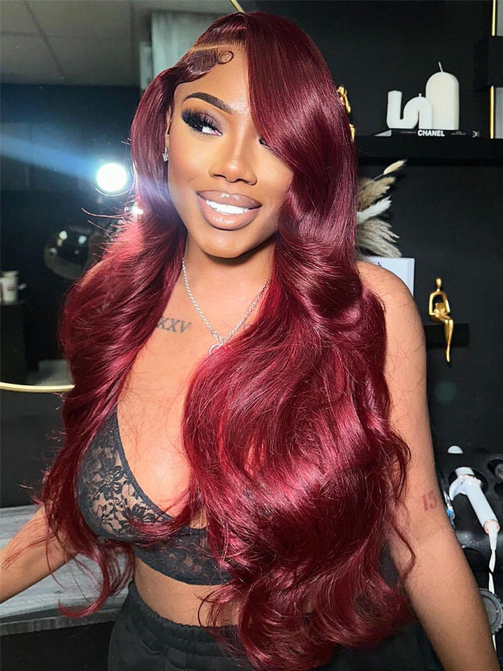 Body Wave Human Hair Wig Pre-Everything Wig Burgundy Color 13x4 HD Lace Transparentce Human Hair Wig