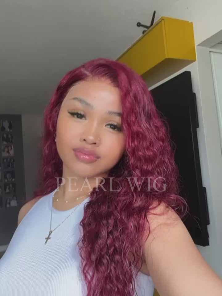 Red Burgundy Colored Water Wave Human Hair Wig HD Transparent Human Hair Wigs