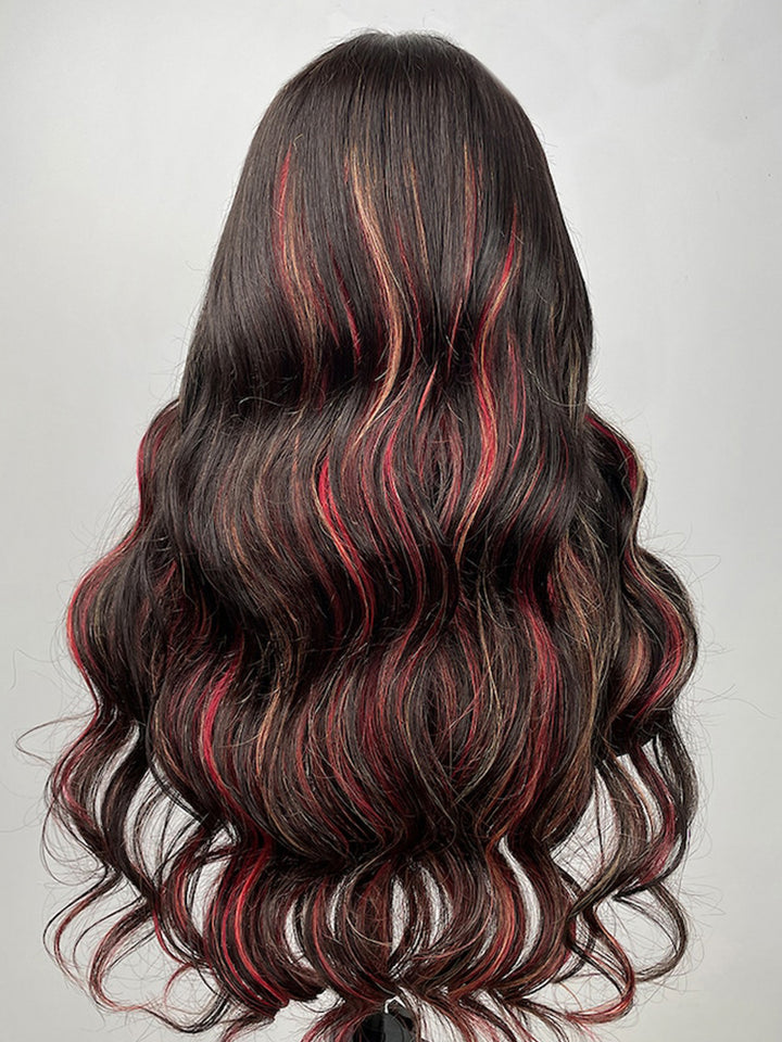 Black With Red & Blonde Highlights Body Wave Human Hair Red And Blonde Wig