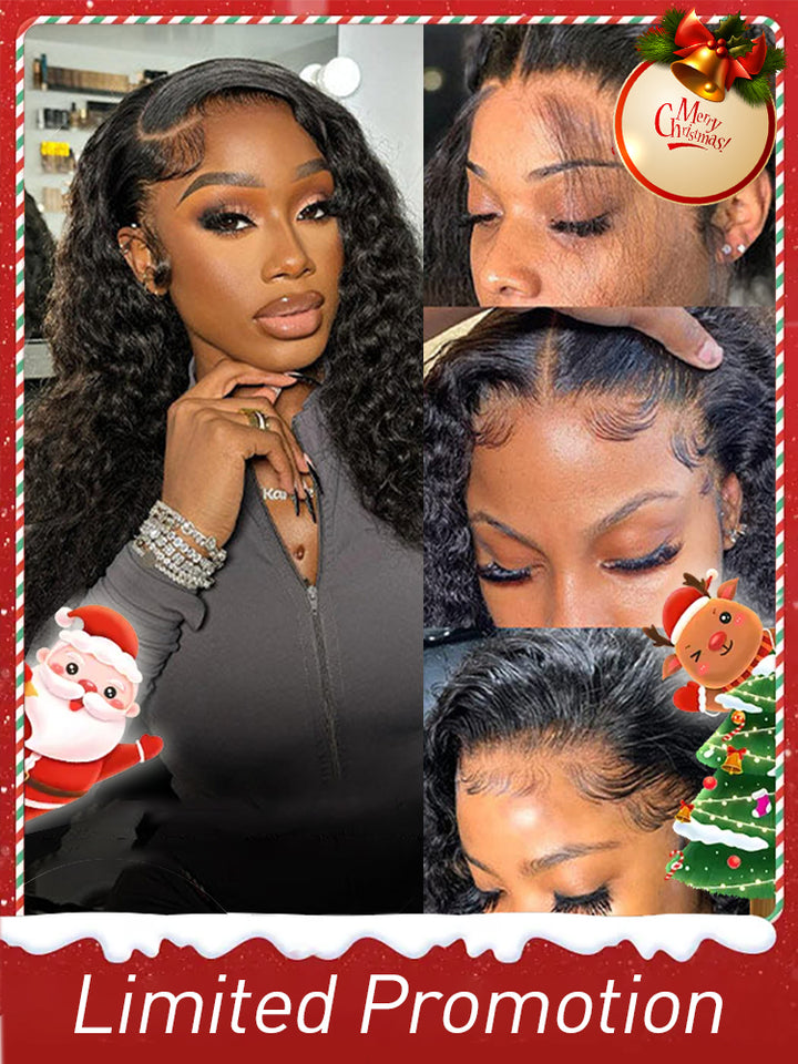 Deep Wave Human Hair Lace Front Wigs 13x4 Glueless HD Lace Wig Natural Black With Baby Hair